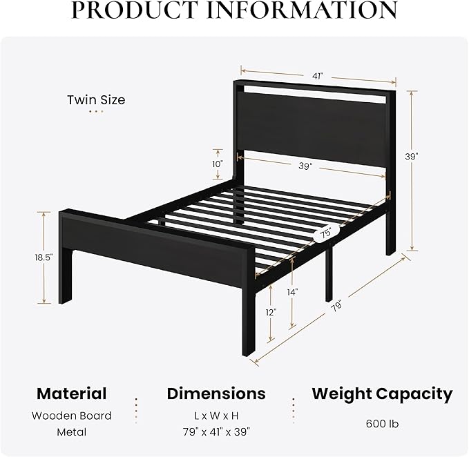 SHA CERLIN 14 Inch Twin Size Metal Platform Bed Frame with Wooden Headboard and Footboard Mattress Foundation No Box Spring Needed Large Under Bed Storage Heavy Duty Slats Support Black Oak