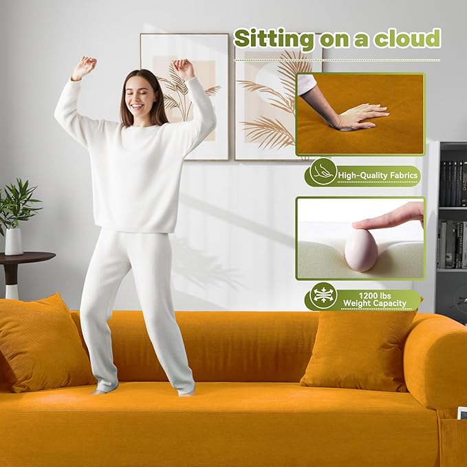 80 Convertible Sofa BedCorduroy Folding Sleeper Sofa Bed Queen with Pillows &amp StorageModular Pull Out Couches Boneless Couch for Living RoomCompressed Couch in a BoxYellow
