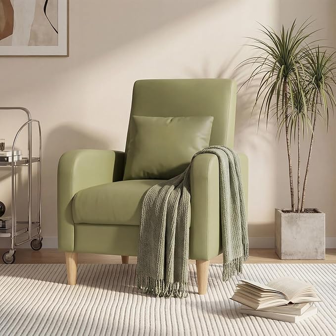 COLAMY Mid-Century Modern Upholstered Accent Chair with Back Pillow &amp Solid Wood Legs Leather Cozy Armchair for Living Room Bedroom Reading Nook Apartment &amp Small Spaces Green