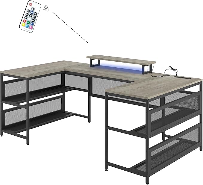 82 Inch U Shaped Desk with 3 Spacious Desktop Gaming Computer Desk with Four Storage Shelves Monitor Stand Corner Computer Desk Office Desk with Convenient Storage for Home Office (Gray * 98)