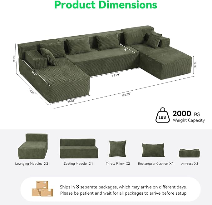 141 Modular Sectional Sofa 6-Seat U-Shaped Cloud Couch with 2 Removable Armrests &amp 6 Throw Pillows Boneless Couches for Living Room No Assembly Green | Convertible