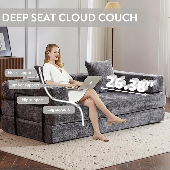 4-in-1 Convertible Folding Sleeper Sofa Bed Fold Out Floor Sofa Couch with Fixed-Shape Frame Cloud Corduroy Foldable Mattress Couch for Living Room Bedroom (78.5 Chenille Dark Grey)
