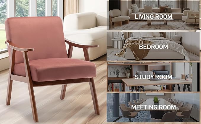 Mid-Century Modern ChairUpholstered Armchair Living Room Chair with Solid Wood Frame Comfy Reading Chairs Lounge Side Chair for Living RoomBedroomBelcony. (Pink+Fabric)
