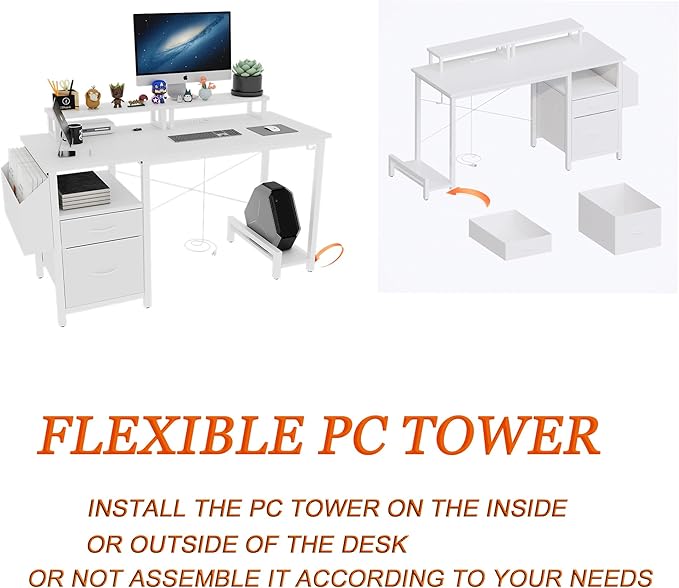 47.3 Office Desk with Power Outlet2 Monitor Stands2 DrawersSide PocketEasy to AssembleFrame Stability Reversibleuse for Home Desk Computer Desk Game TableWhite