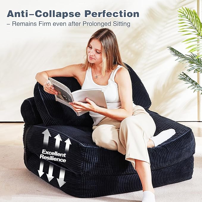 Folding Sofa Bed Flannel Futon Couch Bed with Pillow and Blanket Convertible Sleeper Chair for Small Space Apartment Guest Room Black