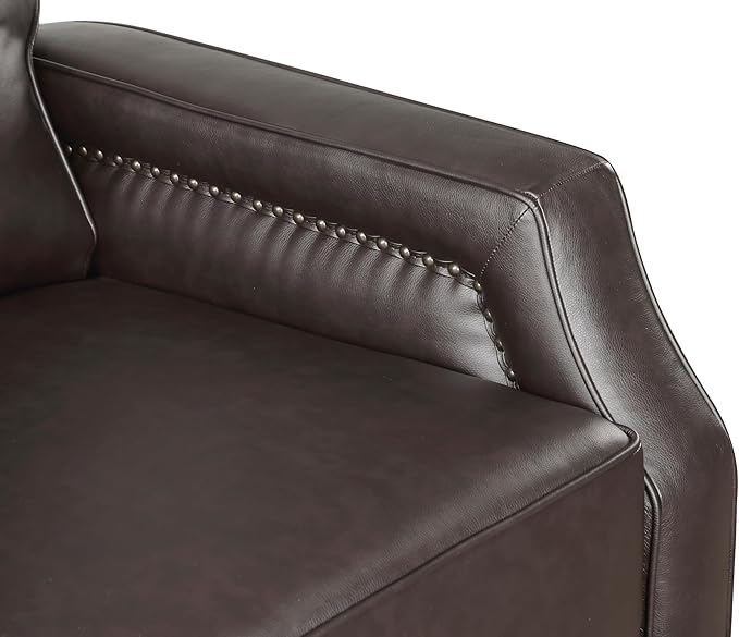 Push Back Reclining Chair Dark Brown Faux Leather Modern Living Room Chair for Relaxation Solid Wood Frame