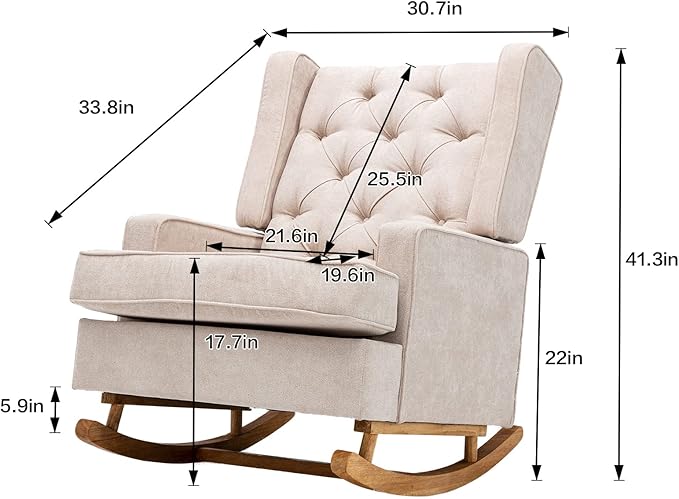 QQU Rocking Chair with Arms Leisure Teddy Chair IndoorComfy High Back Chair with Solid Wood Base Side Pocket for Living RoomBedroomOffice (Beige)