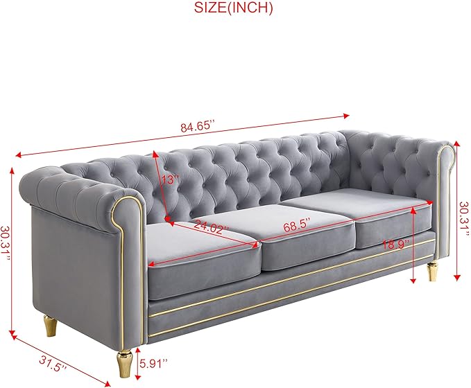 Homtique Modern Sofa Couch 3 Seater Couch Comfy Velvet Sofa with Button Tufted Rolled Arms and Gold Legs for Living Room Home Studio/Office Bedroom Grey