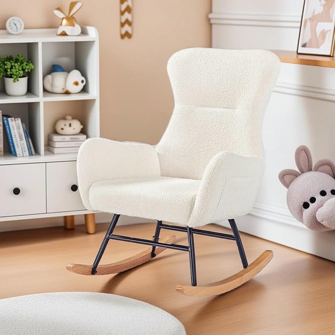 Nursery Rocking ChairUpholstered Glider Rocker with High Backrest for Living Rooms Bedrooms Offices (Beige Teddy)