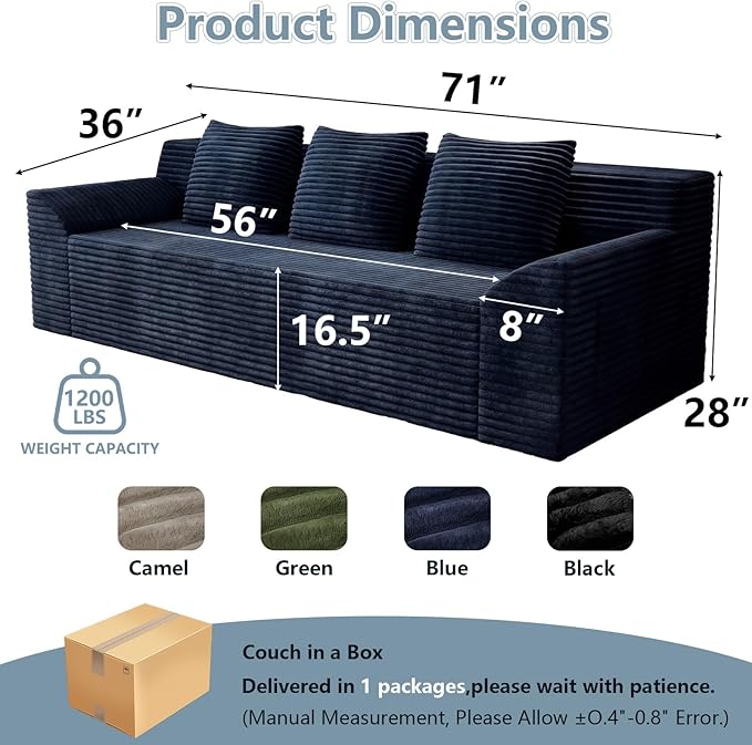 71Cloud Loveseat SofaModern 2-Seater Boneless Couch with 3 Pillows &amp Side PocketSoft Corduroy Love seatCompressed FoamDeep SeatNo Assembly for Living RoomBedroomApartment(Tilted ArmrestBl