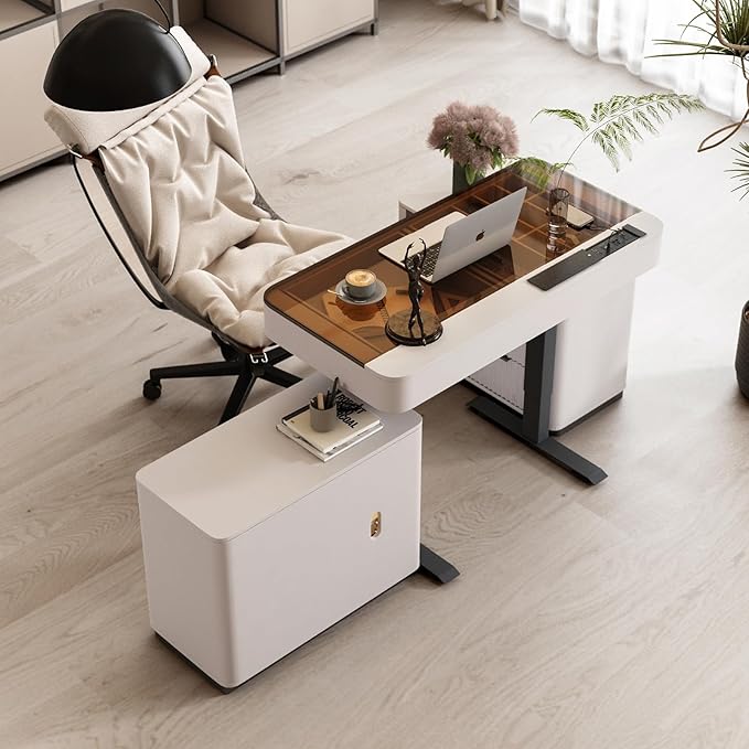 Lartis Office Desk Electric Standing Desk with Built-in Outlets Tempered Glass Top Modern Office Computer Desk with 2 Side cabinets (Ivory White 50)