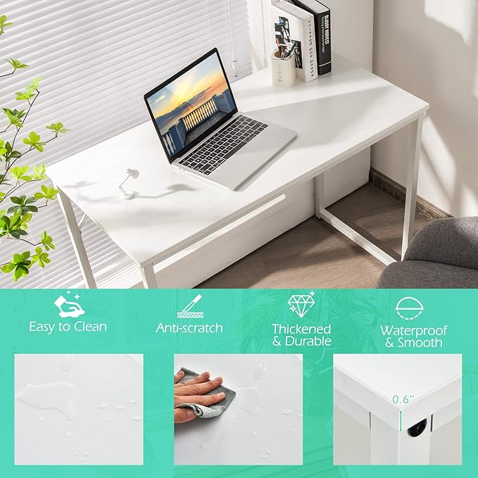 Tangkula White Computer Desk Small Study Writing Desk with Sturdy Metal Frame Modern Simple Laptop Desk for Home Office Easy Assembly