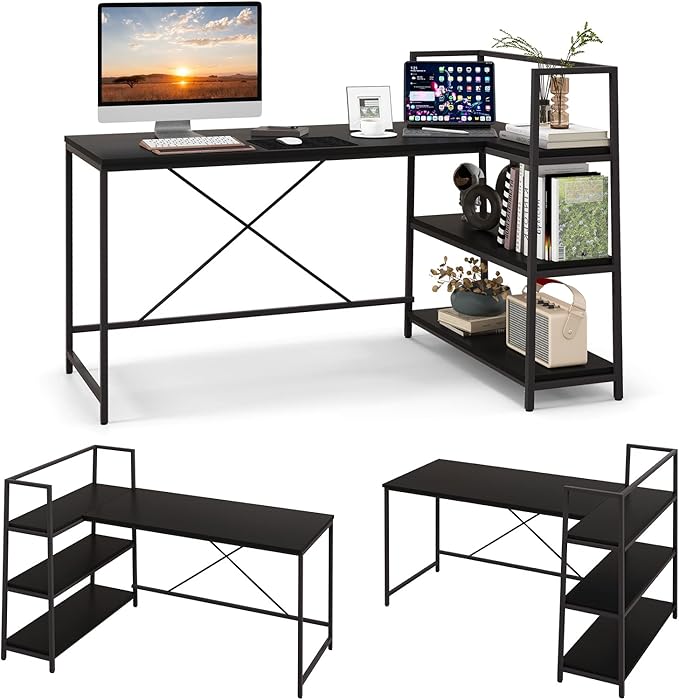 COSTWAY 59 Inch L-Shaped Computer Desk Large Reversible Corner Desk with Open Storage Shelves Space-Saving Writing Study Table PC Laptop Gaming Desk for Home Office (Black)