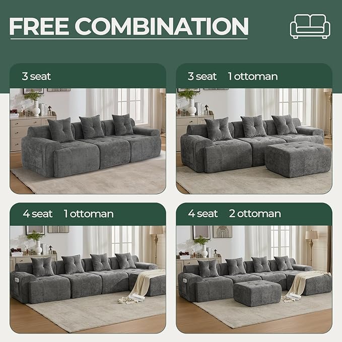 101.65” Modular Sectional Couch for Living Room Modren L-Shape Cloud Sectional 3-Seater Sofa with Movable Ottoman Woven Texture Upholstery Boneless Couch No Assembly Grey