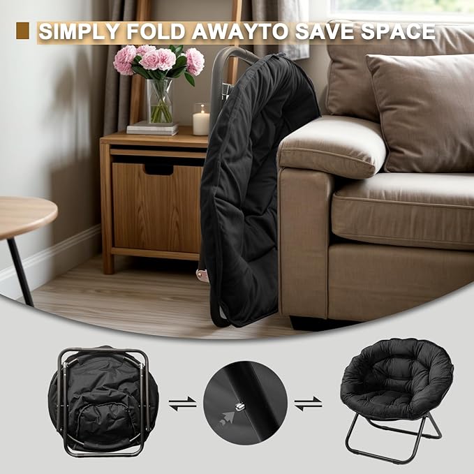 Grezone Folding Saucer Chair Oversized Lazy Moon Chair with Metal Frame Comfy Bedroom Chairs for Bedroom Living Room Study Black JC