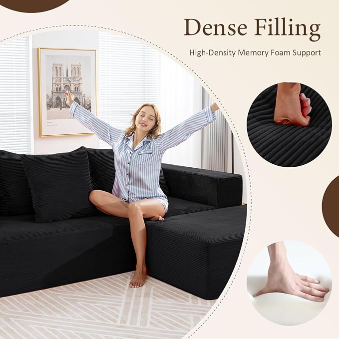 INGEROOM 108 Modular Cloud Sectional Couch with Deep Seat Boneless Sofa with Movable Ottoman Plush Corduroy Memory Foam Couch for Living Room No Assembly Dark Gray