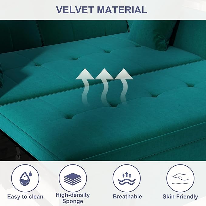 Loveseat Sleeper Sofa Bed Couch: Queen Sleeper Chair Pull Out Bed for Living Room Green Velvet Couch Beds for Small Spaces 3 in 1 Convertible Sofa with Armrests