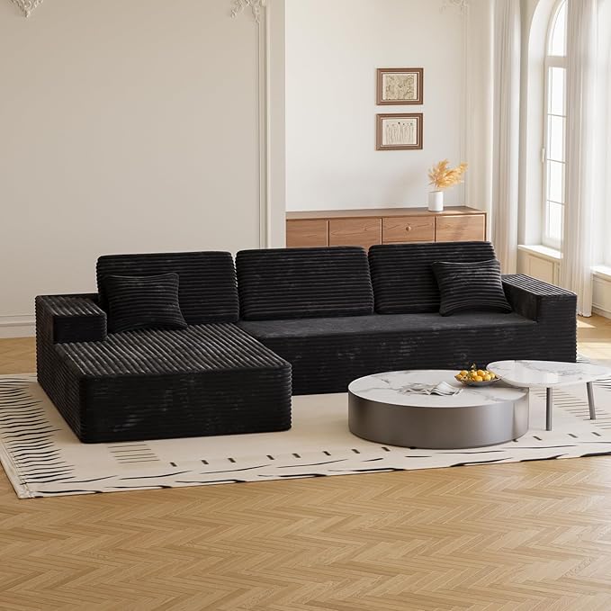 109 L Shaped Cloud Modular Sectional Couch w/Lounge Chaise Plush Corduroy Boneless Couch in a Box Comfy Modern Modular Sectional Sofa for Living Room Bedroom Apartment Corner (Black Left Facing)