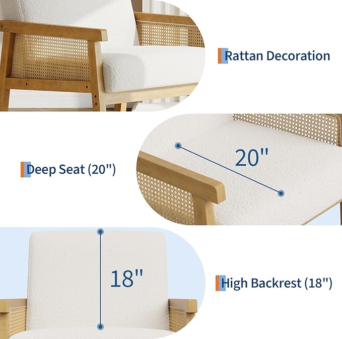 IDEALHOUSE Rattan Accent Chair Boucle Armchair Upholstered Reading Chair with Wooden Frame and High Back Leisure Chairs for Living Room Bedroom Waiting Room Reception White