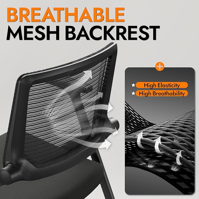 FYLICA Foldable Office Chair with PU Wheels and Smooth Armrest-Ergonomic Mesh Bouncing Back Stackable Conference Room Chair Office Guest &amp Reception &amp Meeting Chair (Black)