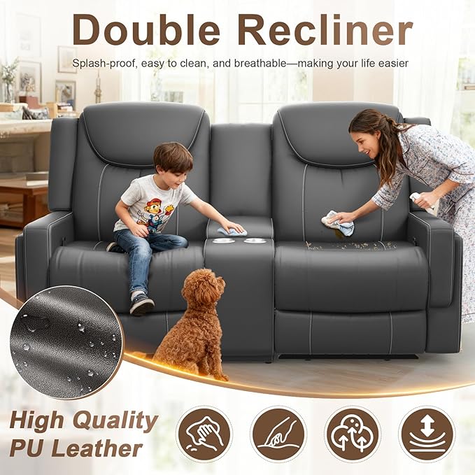 Loveseat Recliner Sofa Gray PU Leather Double Recliner Loveseat with Console Cup Holders Storage &amp USB Ports Ergonomics Manual Reclining Sofa Couch for Living Room RV