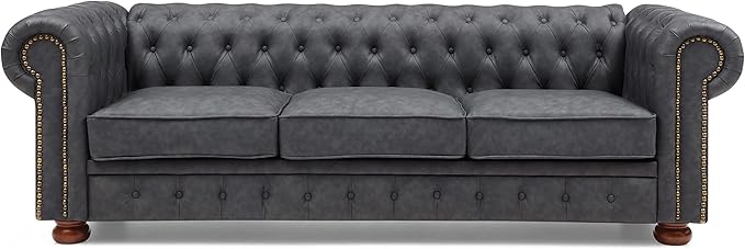 Harper &amp Bright Designs Faux Leather Upholstered 3-Seater Living Room Sofa with Button and Copper Nail on Arms Classic Chesterfield Sofa Dark Grey