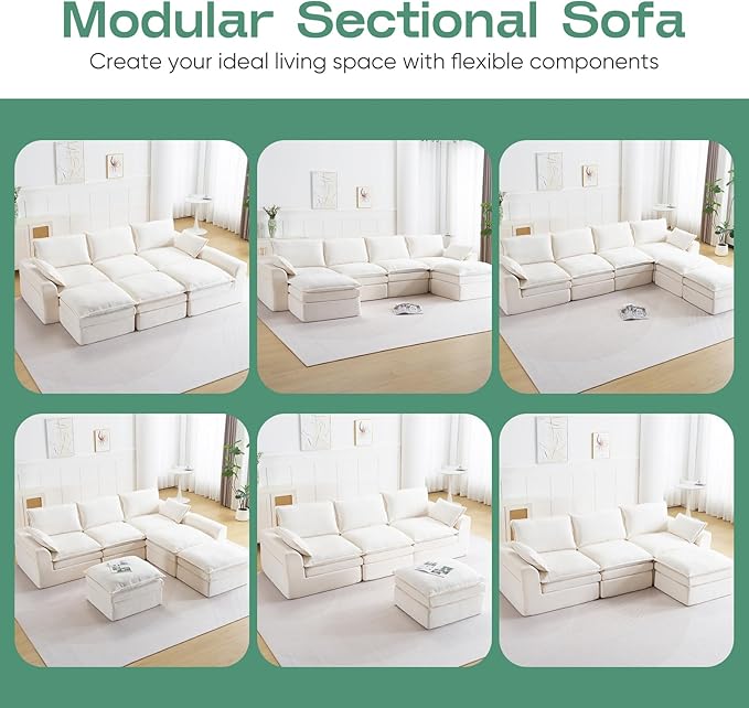 145 Modular Sectional Cloud Couch Deep Seat Boneless Couch for Living Room Upholstered Cloud Sectional Couch with Throw Pillows and Side PocketsNo Assembly RequiredChenilleBeige