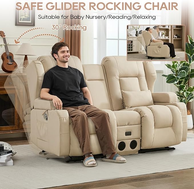 IPKIG 68 Loveseat Recliner Sofa Manual Rocker Reclining Couch with Fold Down Console Side Pocket Bluetooth Speaker Built-in Outlets Rocker Chair for Nursery Living Room Home Office (Beige)