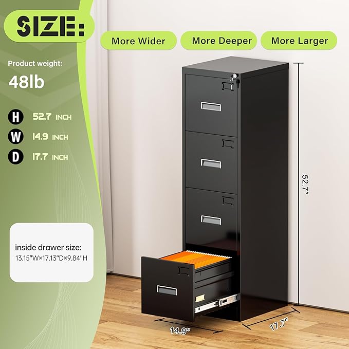 Incbruce 4 Drawer File Cabinet Metal File Storage Cabinet with Lock Vertical Filing Cabinet with Adjustable Hanging Frame for Home Office Easy Assemble (Black)