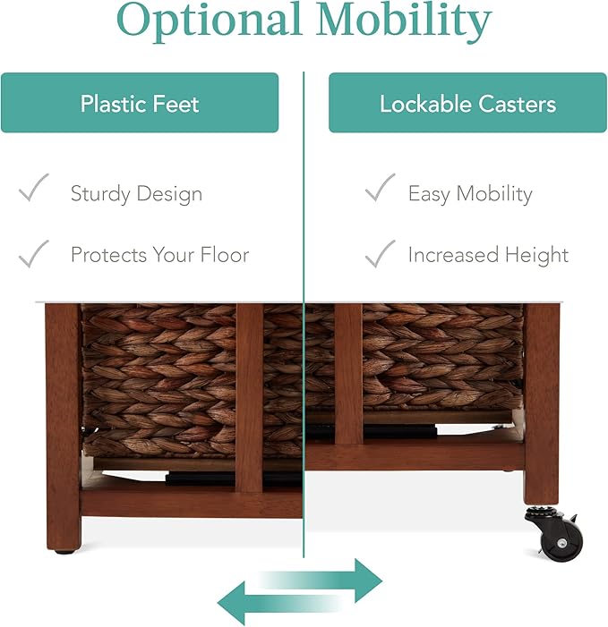 Best Choice Products Vertical Rolling File Cabinet Multipurpose Portable Water Hyacinth Basket Organizer for Home Office Workspace w/Rubberwood Frame Metal Sliders Locking Caster Wheels - Mocha