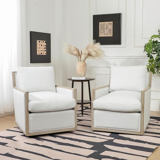 KINWELL 27 Wide Oak Wood Frame Performance Fabric Swivel Armchair Set of 2 No Assembly Down Fill Upholstered Swivel Barrel Chair with Removable Pillow Back for Living Room Bedroom (Ivory)
