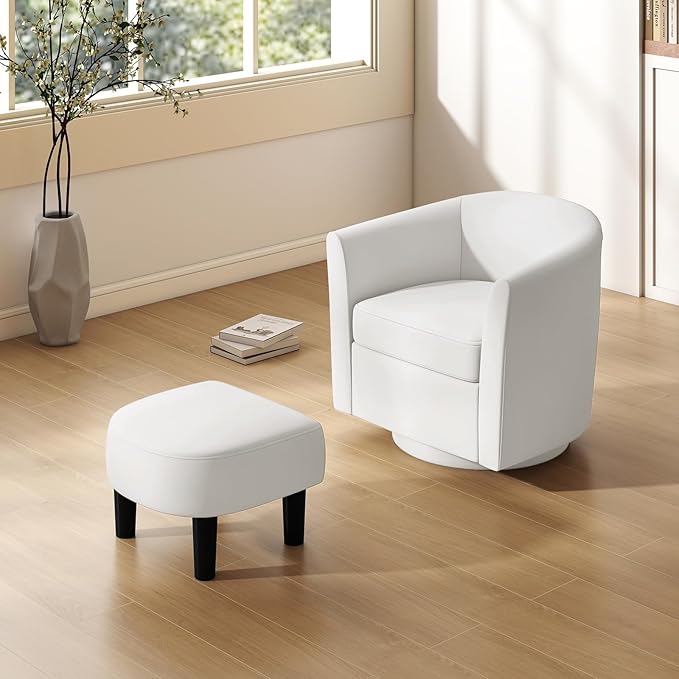 Giantex Swivel Small Accent Chair with Ottoman Modern Barrel Club Chair w/Footrest Curved Backrest &amp Armrests Removable Seat Cushion Swivel Single Sofa Arm Chair for Living Room Bedroom(Cream