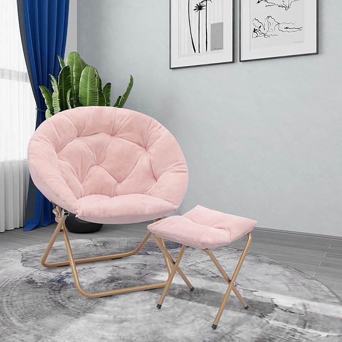 Athena Collection Round Saucer Chair with Ottoman Set for Adults Oversize Comfy Cozy Faux Fur Folding Reading Chair with Metal Leg Lazy Relaxing for Living Room Bedroom Dorm Apartment Pink