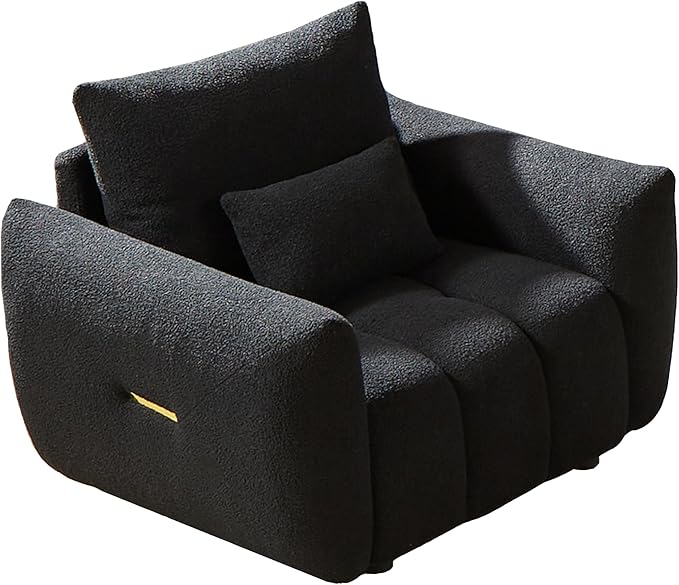 Modern Accent Chair with One Pillow 36.8'' Teddy Fabric Upholstered Sofa with Solid Wood Frame Single Sofa Lounge Chair for Apartment Office Living Room (Black * Pillow98)