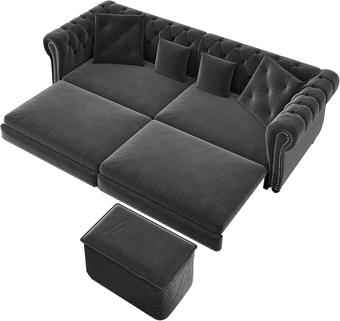 Eafurn 3 in 1 Oversized Chesterfield Loveseat Sofa Convertible Pull Out Sleeper Sofabed King Size Couch Bed w/Movable Ottoman and Nailhead Trim for Living Room Tufted Velvet Recliner Daybed Sofacama