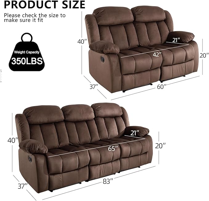 EBELLO Manual Reclining Sofa Set Classic 5-Seater Furniture Set with Overstuffed Arms and Backrest Include 1 Loveseat Couch and 1 3- Seat Sofa Brown