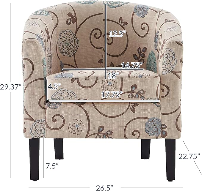 BELLEZE Living Room Chair Linen Round Accent Barrel Chair Club Tub Sofa Chair for Bedroom Corner Chair with Flared Legs and Cozy Soft Padding - Highland (Floral Print)