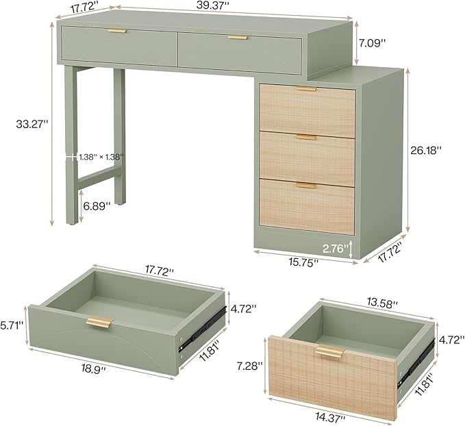 Tribesigns Computer Desk with 5 Drawers Reversible Small Writing Desk with Storage Modern Wooden Study Corner Table Workstation for Home Office Small Spaces Mint Green
