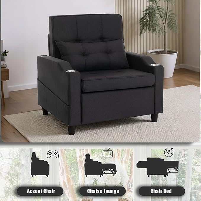 Sleeper ChairSingle Armchair Sofa with PillowAdjustable Backrest Recliner Sofa Modern Pull Out Couch Bed with USB Port Cup Holder Side Pocket for Living Room Bedroom(Black)