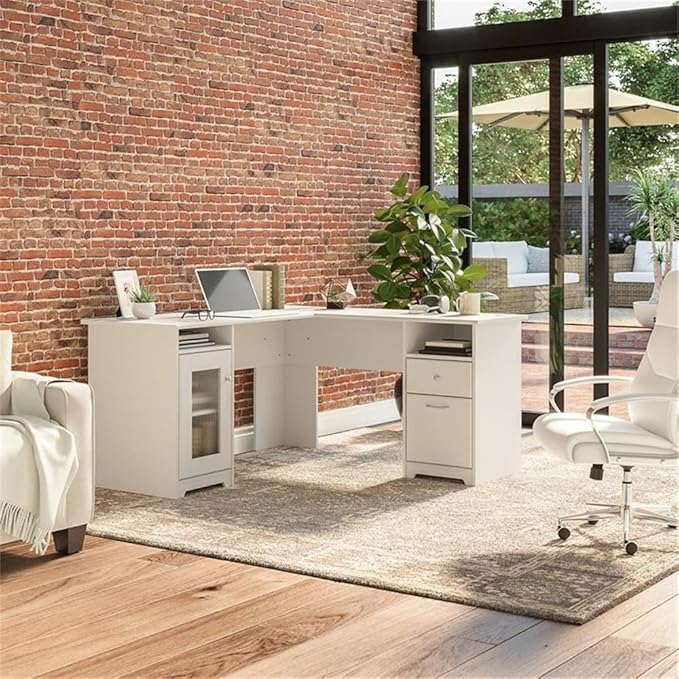 BOWERY HILL 60W L Shaped Computer Desk with Storage Engineered Wood White Finish Fluted Glass Door 2 Drawers Wire Management Home Office Corner Desk for Workspace Organization