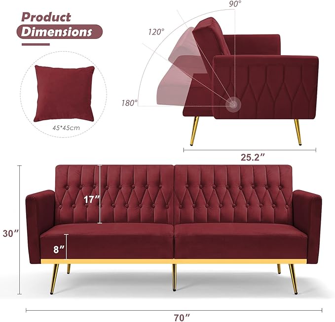 70 Velvet Futon with Adjustable Backrest and Armrests Sofa Bed with Extra Pillows for Waiting Room Living Room and Office Red