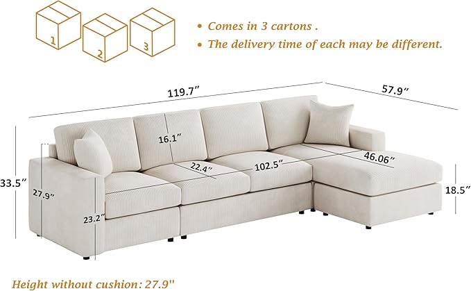 VANOMi 119 L-Shaped Sectional Sofa with Reversible Chaise Modern Corduroy Couch with Deep Seats 4-Seater Upholstered Sofa for Living Room or Apartment Beige