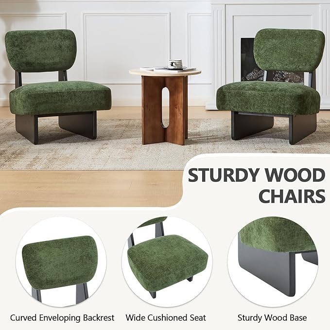 Green Accent Chair Set of 2 for Small Spaces Armless Accent Chair for Bedroom Side Chairs &amp Comfy Chairs for Living Room Wood Base Comfy Cushion Bedroom Office (Black+Green)