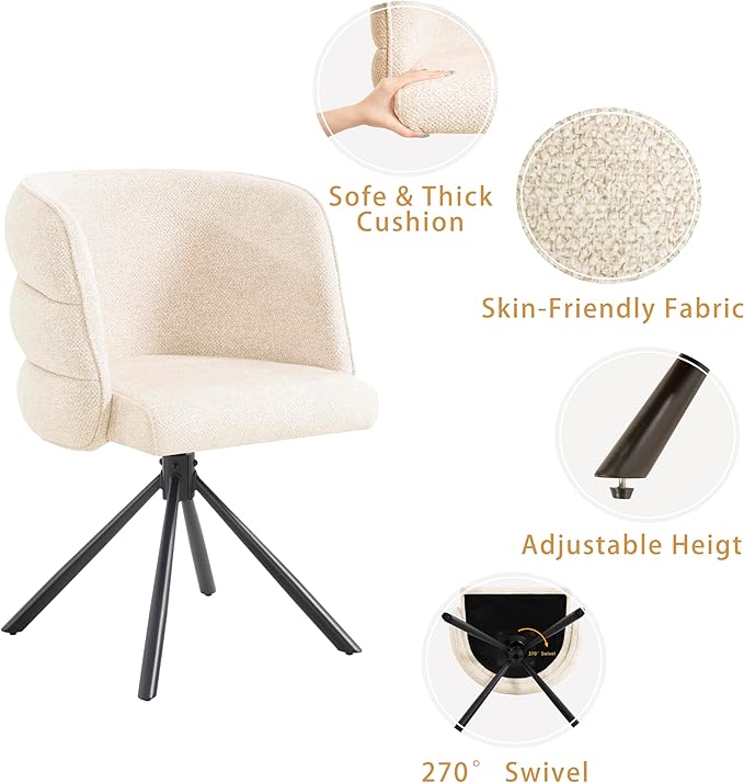 KEIKI 270° Swivel Home Office Desk Chairs Set of 2Modern Dining Chairs Upholstered Bedroom Chairs with Metal BaseMakeup Chair for Vanity Living Room Bedroom Beige