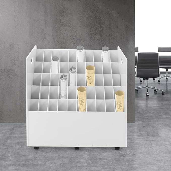 50-Slot Rolling File Organizer with Lockable Wheels - Movable Roll File Cart 66LB Capacity PVC Roll File Storage Holder for Blueprints Drawings &amp Photography Tubes -Easy Assembly 30x15.75x28.5'