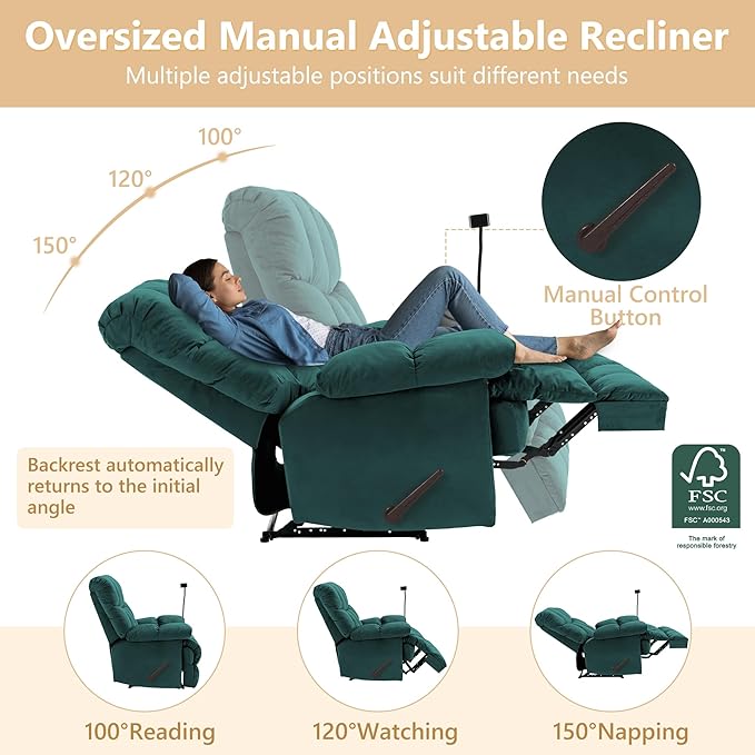 Euthymia Oversized Recliner Chair Big and Tall Recliner Chairs for Adults 400LBS Large Recliner Chair Extra Wide Recliner for Living Room Teal