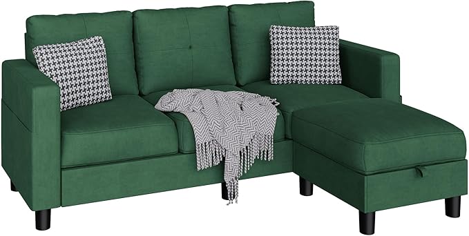 Nuturelly Sectional Sofa Couch Convertible L Shaped Sofas with Storage Ottoman Small Sectional Couches for Living Room 3 Seater Couch with Linen Fabric for Small Spaces Green