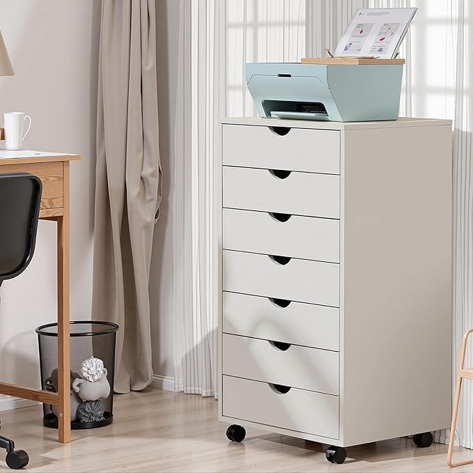 OLIXIS 7 Drawer Mobile File Cabinet Under Desk Storage Organization with Wheels Vertical Filing Chest Rolling Wood Small Desk Printer Stand for Home Office 15.75D x 18.74W x 34.25H White