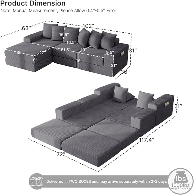 102 Sectional Couches for Living RoomCustomizable Boneless Couch Convertible Modular Sectional Sofa Bed Plush Corduory Sleeper Sofa Folding Futon L Shaped Couch No Assembly(Grey)