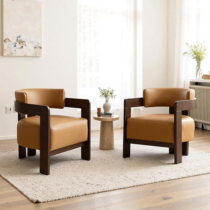 Modern Accent Chair Set of 2 Upholstered Guest Chair Barrel Chairs PU Leather Side Chair with Wooden Legs Armrest for Living Room Bedroom Brown